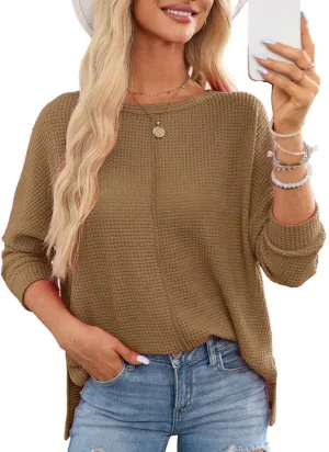 Dokotoo Womens Waffle Knit Tops Spring Fashion 2025 Long Sleeve Casual Blouses Crewneck Oversized T Shirts