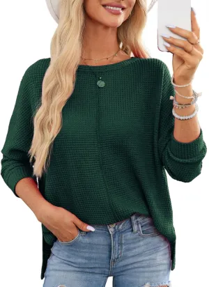 Dokotoo Womens Waffle Knit Tops Spring Fashion 2025 Long Sleeve Casual Blouses Crewneck Oversized T Shirts