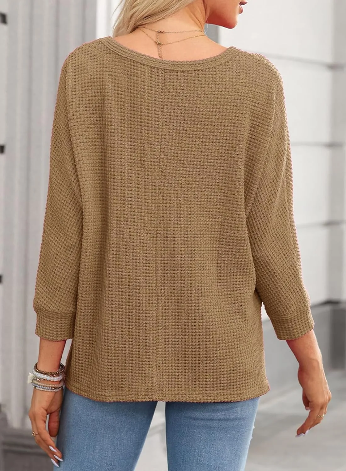 Dokotoo Womens Waffle Knit Tops Spring Fashion 2025 Long Sleeve Casual Blouses Crewneck Oversized T Shirts
