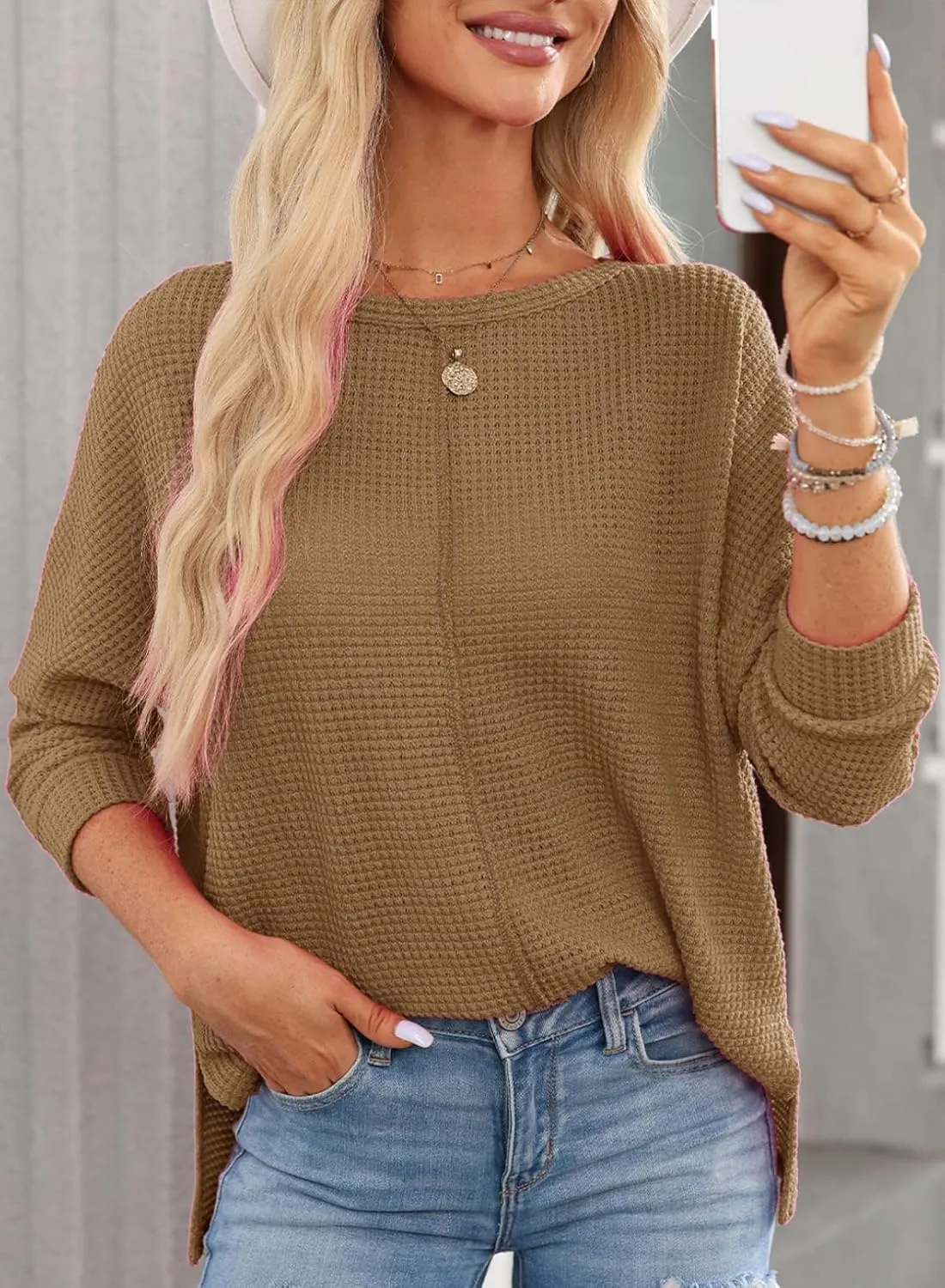 Dokotoo Womens Waffle Knit Tops Spring Fashion 2025 Long Sleeve Casual Blouses Crewneck Oversized T Shirts