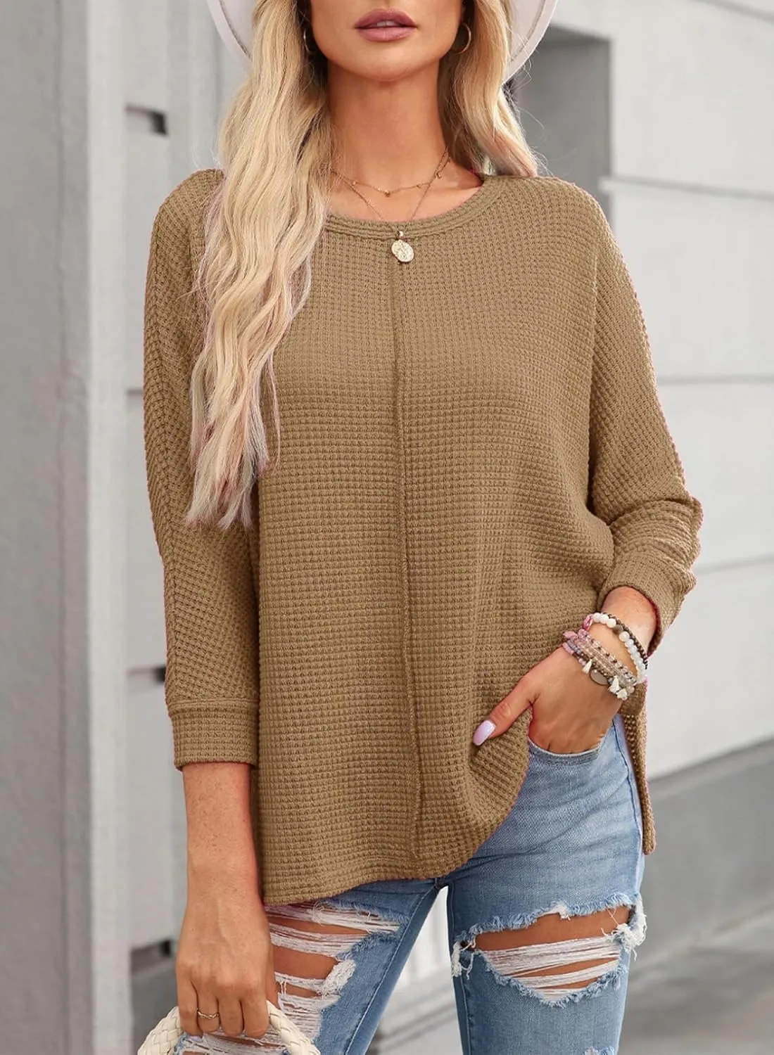Dokotoo Womens Waffle Knit Tops Spring Fashion 2025 Long Sleeve Casual Blouses Crewneck Oversized T Shirts