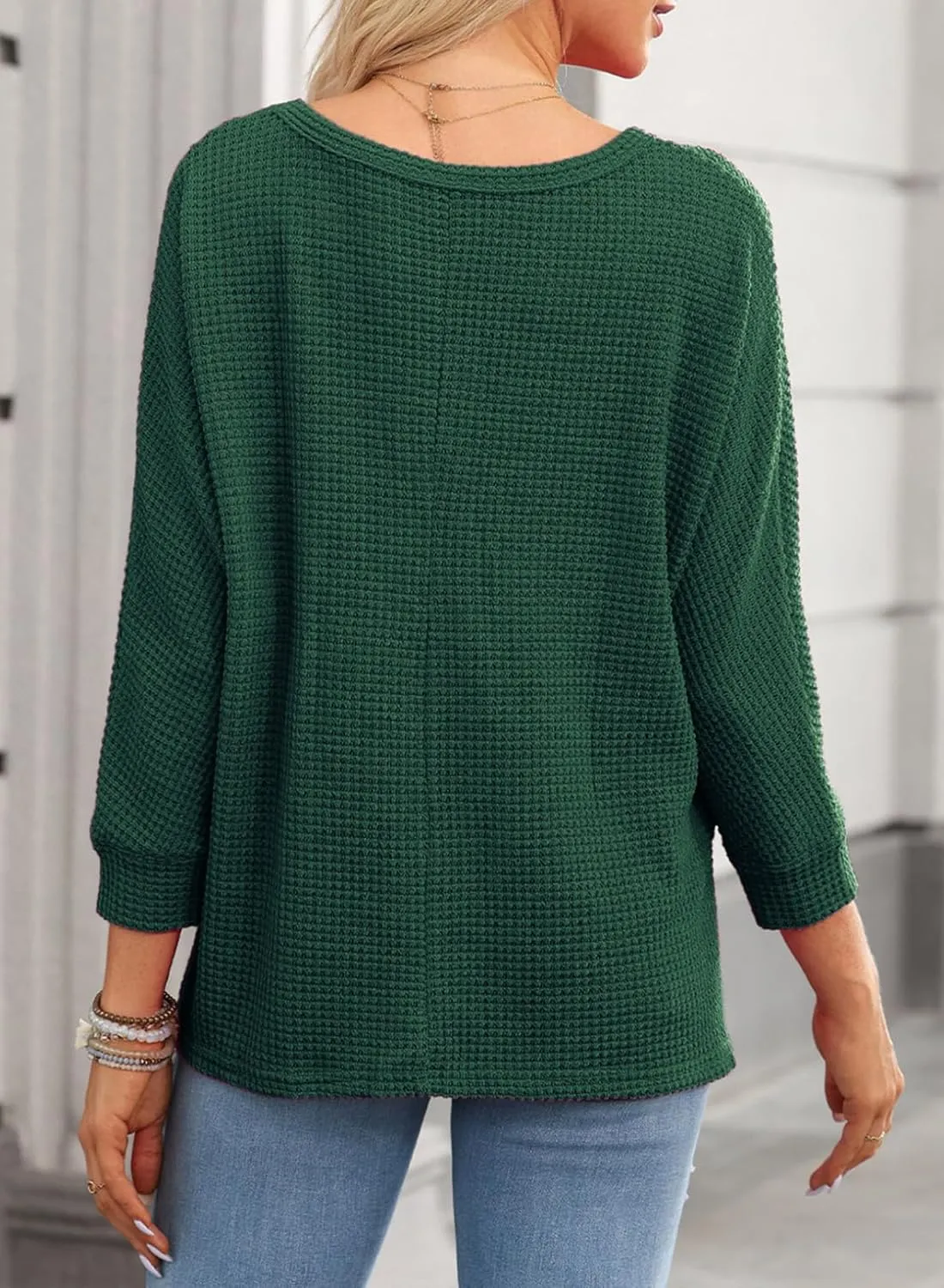 Dokotoo Womens Waffle Knit Tops Spring Fashion 2025 Long Sleeve Casual Blouses Crewneck Oversized T Shirts