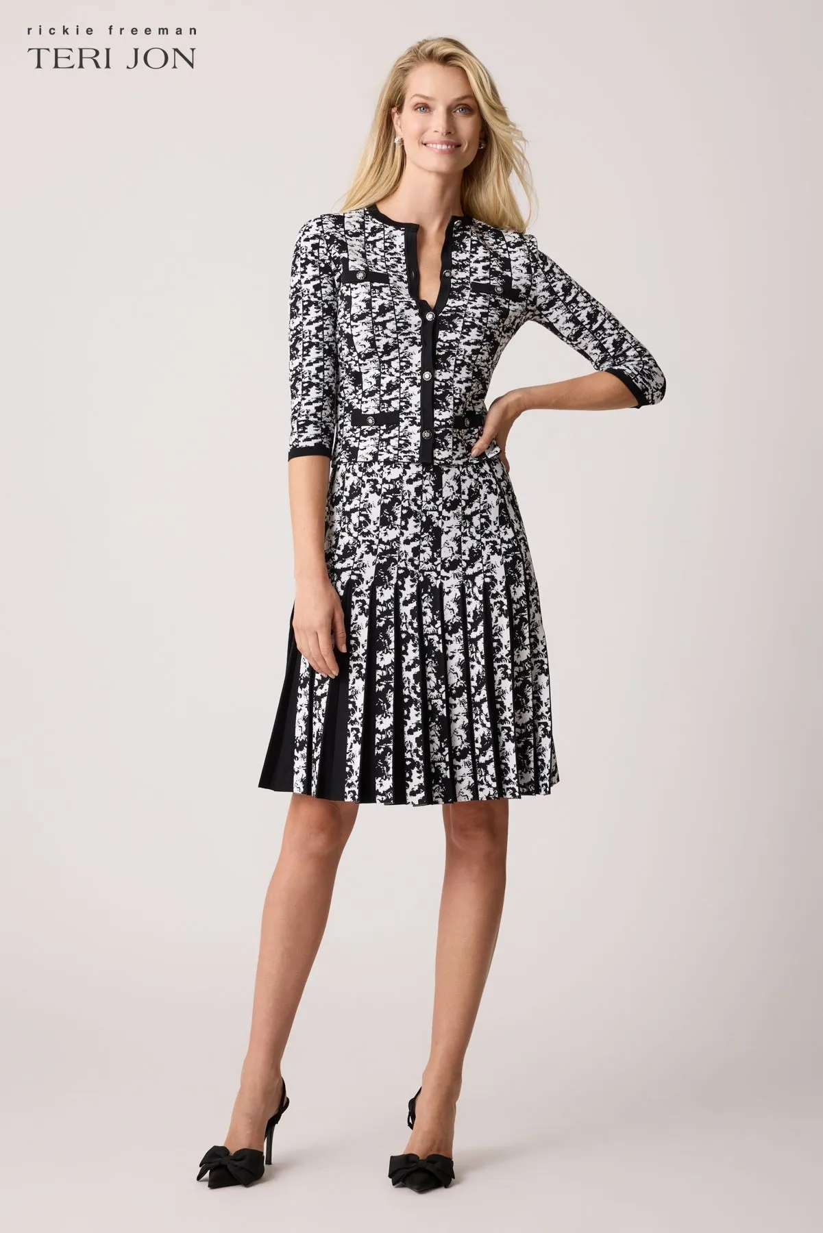 Double Knit Printed Jewel Button Cardigan Top - Black White