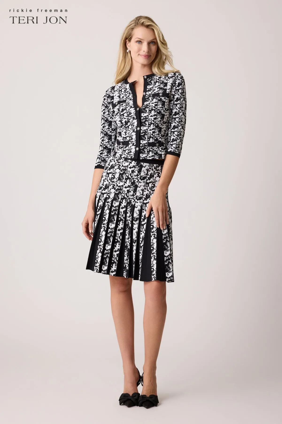 Double Knit Printed Jewel Button Cardigan Top - Black White