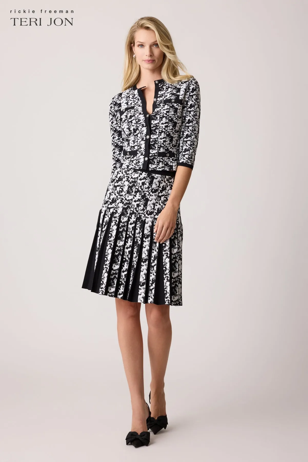 Double Knit Printed Jewel Button Cardigan Top - Black White