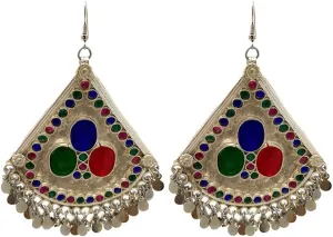 Duel On Jewel Afghan Tribal Statement Earring Collection for Women, Handmade Vintage Dangle Designs with Multicolor Stones, Tiny Beads, and Oxidized Silver Finish, Shoulder Length, Boho Chic Jewelry
