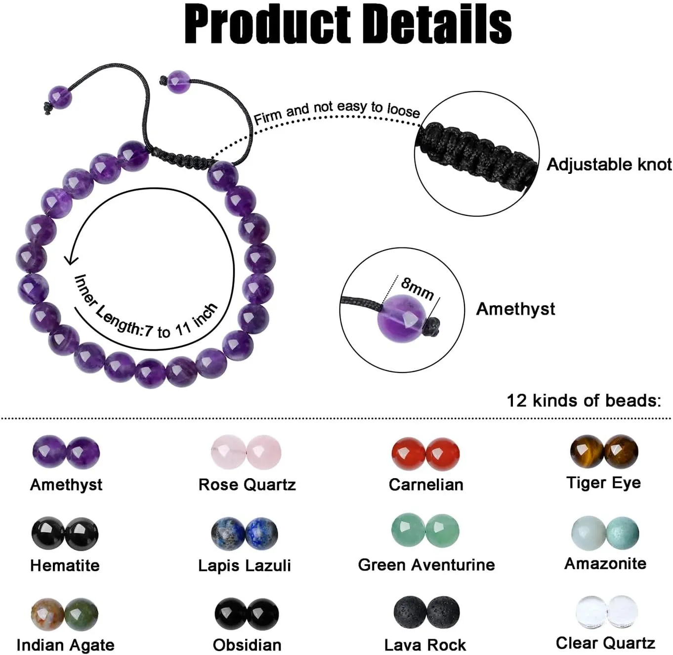 DUQGUHO Crystal Bracelets for Woman Men Natural Adjustable Stone Bracelet 8 mm Beaded Bracelets for Women Men