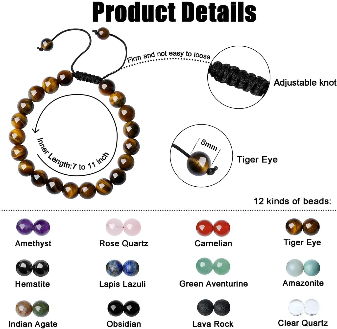 DUQGUHO Crystal Bracelets for Woman Men Natural Adjustable Stone Bracelet 8 mm Beaded Bracelets for Women Men