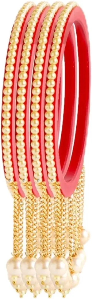 Efulgenz Acrylic Pearl Bangle Set Indian Wedding Party Bangles Set for Women Faux Pearl Beaded Bracelet Bangles with Hangings Latkan Bollywood Fashion Costume Accessories Jewelry for women (4 Pcs)
