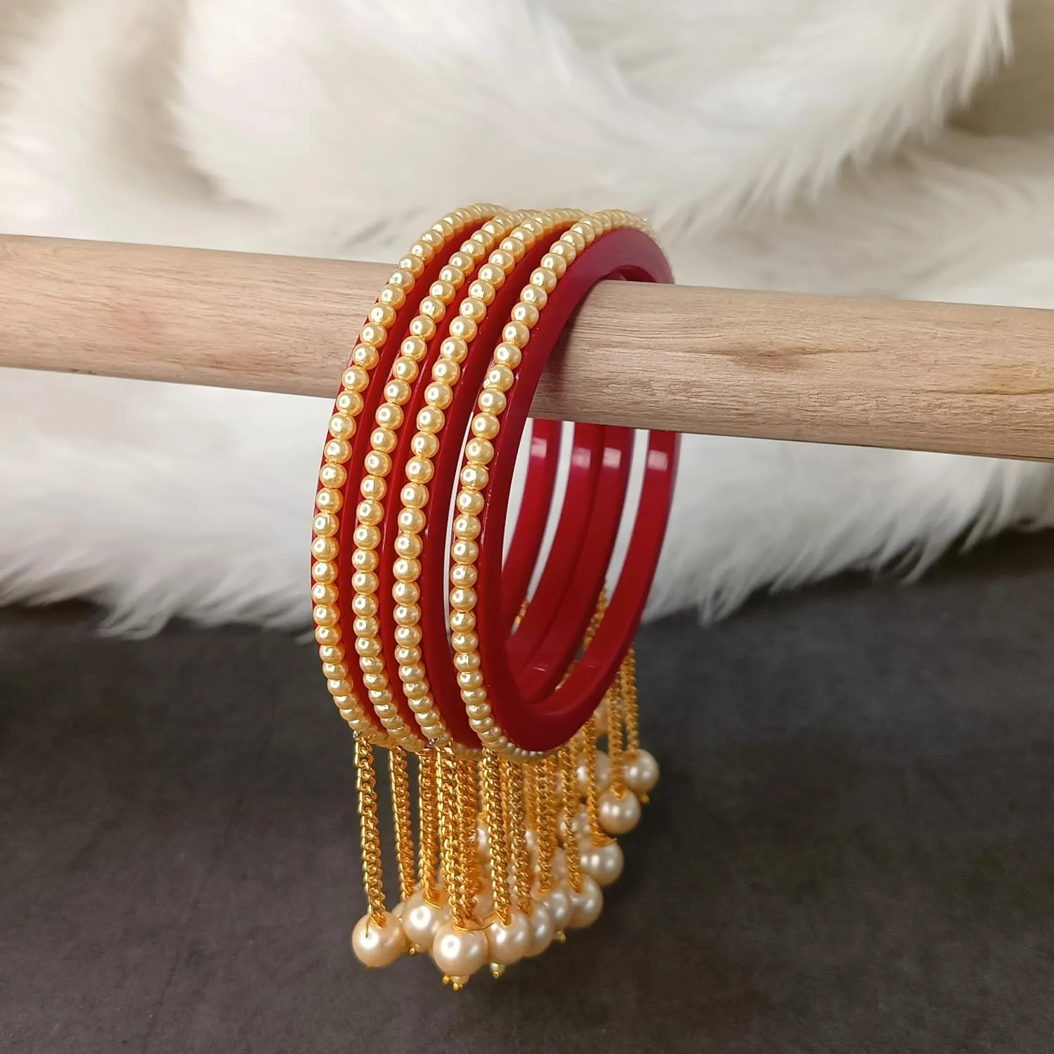 Efulgenz Acrylic Pearl Bangle Set Indian Wedding Party Bangles Set for Women Faux Pearl Beaded Bracelet Bangles with Hangings Latkan Bollywood Fashion Costume Accessories Jewelry for women (4 Pcs)