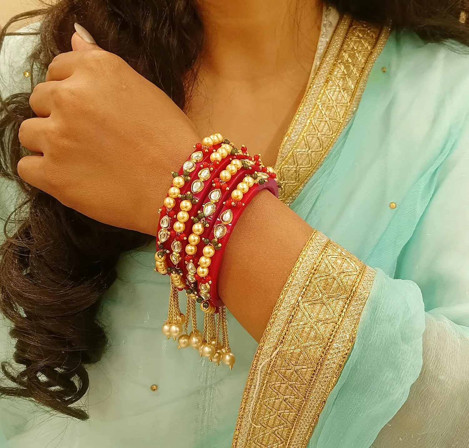 Efulgenz Acrylic Pearl Bangle Set Indian Wedding Party Bangles Set for Women Faux Pearl Beaded Kundan Rhinestone Bracelet Bangles with Hangings Latkan Bollywood Fashion Costume Accessories Jewelry for women (4 Pcs)