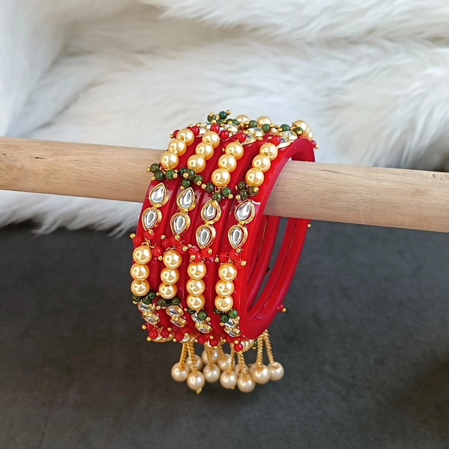 Efulgenz Acrylic Pearl Bangle Set Indian Wedding Party Bangles Set for Women Faux Pearl Beaded Kundan Rhinestone Bracelet Bangles with Hangings Latkan Bollywood Fashion Costume Accessories Jewelry for women (4 Pcs)