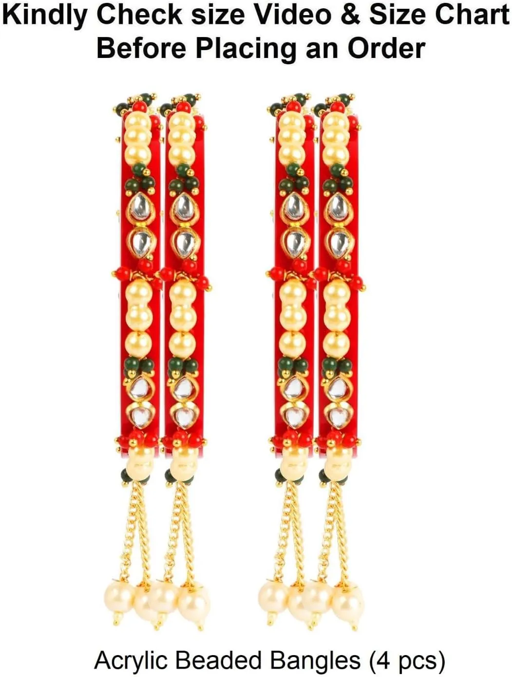 Efulgenz Acrylic Pearl Bangle Set Indian Wedding Party Bangles Set for Women Faux Pearl Beaded Kundan Rhinestone Bracelet Bangles with Hangings Latkan Bollywood Fashion Costume Accessories Jewelry for women (4 Pcs)