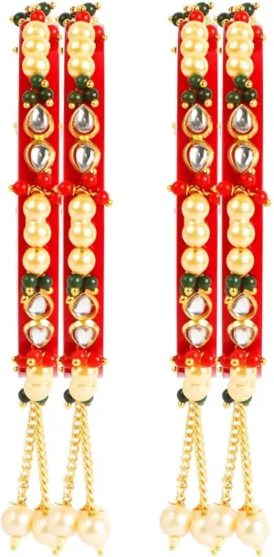 Efulgenz Acrylic Pearl Bangle Set Indian Wedding Party Bangles Set for Women Faux Pearl Beaded Kundan Rhinestone Bracelet Bangles with Hangings Latkan Bollywood Fashion Costume Accessories Jewelry for women (4 Pcs)