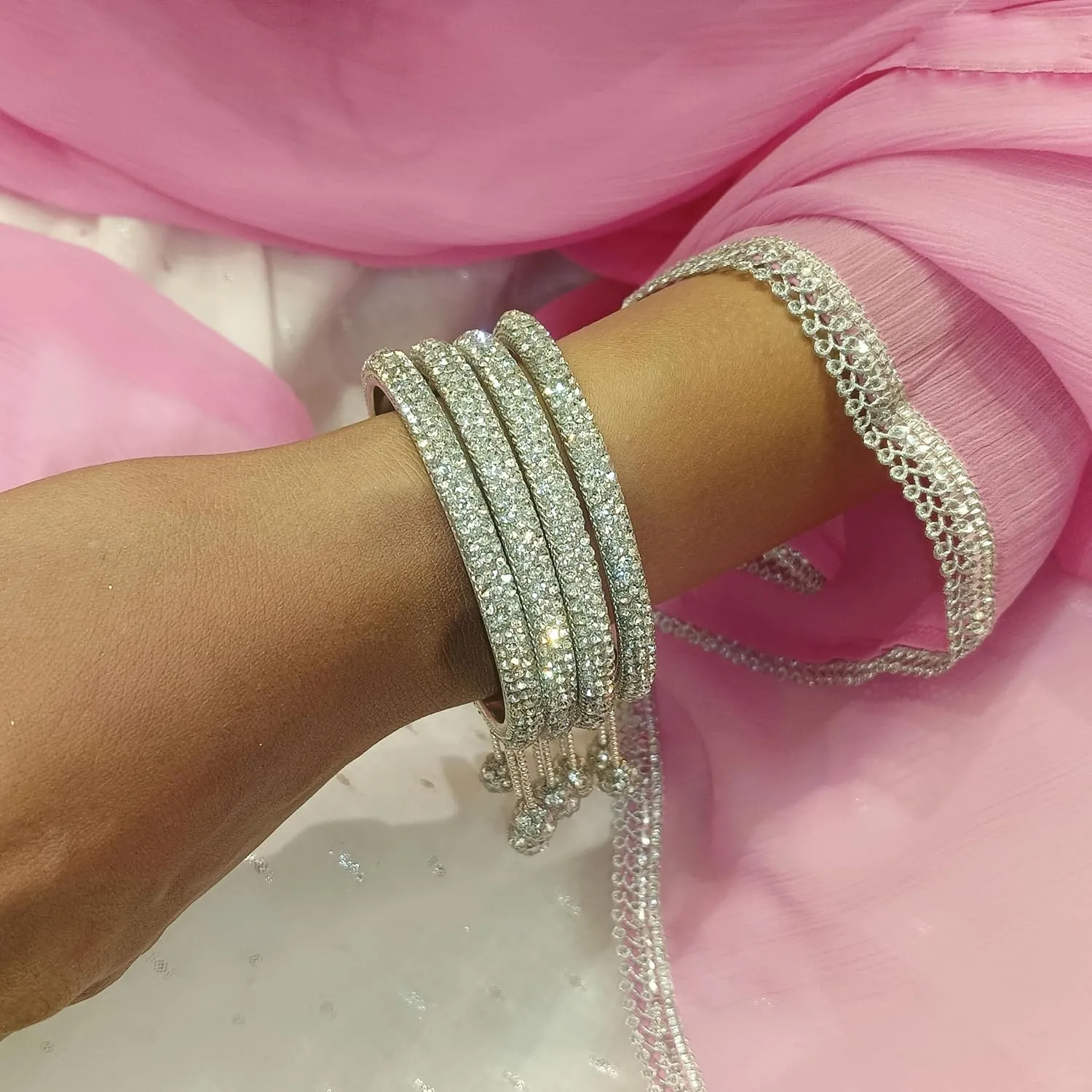 Efulgenz Crystal Bangle Bracelet Rhinestone Indian Bangle Set with Beaded Hanging Tassels Charms Bridal Rhinestone Bracelet Wedding Party Fashion Jewelry Set for Women