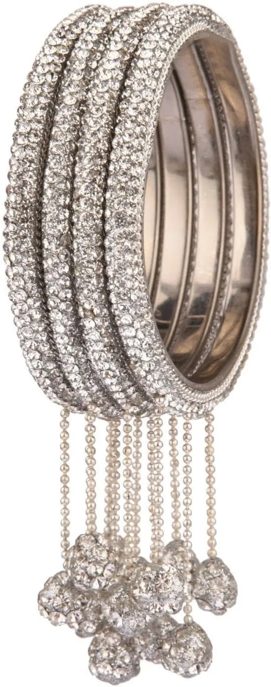 Efulgenz Crystal Bangle Bracelet Rhinestone Indian Bangle Set with Beaded Hanging Tassels Charms Bridal Rhinestone Bracelet Wedding Party Fashion Jewelry Set for Women