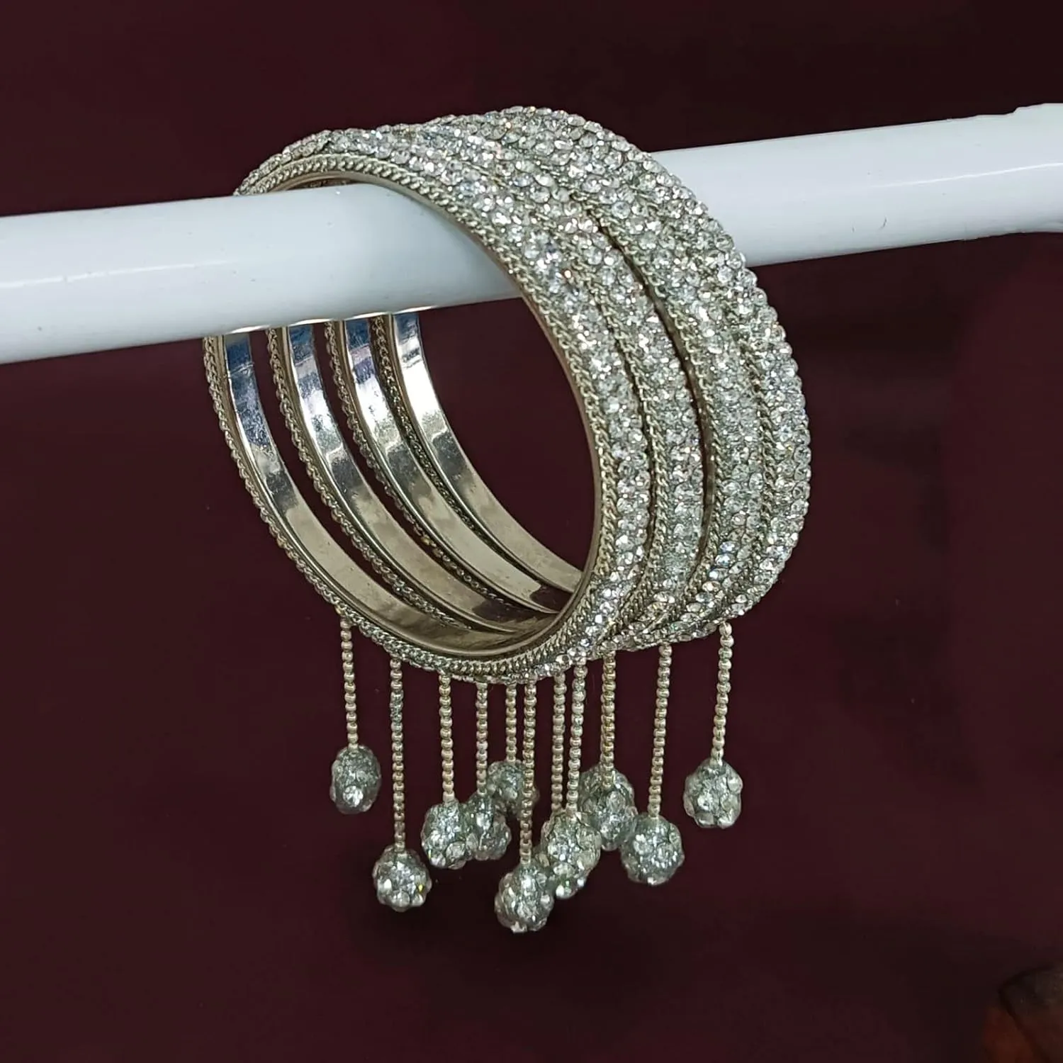 Efulgenz Crystal Bangle Bracelet Rhinestone Indian Bangle Set with Beaded Hanging Tassels Charms Bridal Rhinestone Bracelet Wedding Party Fashion Jewelry Set for Women
