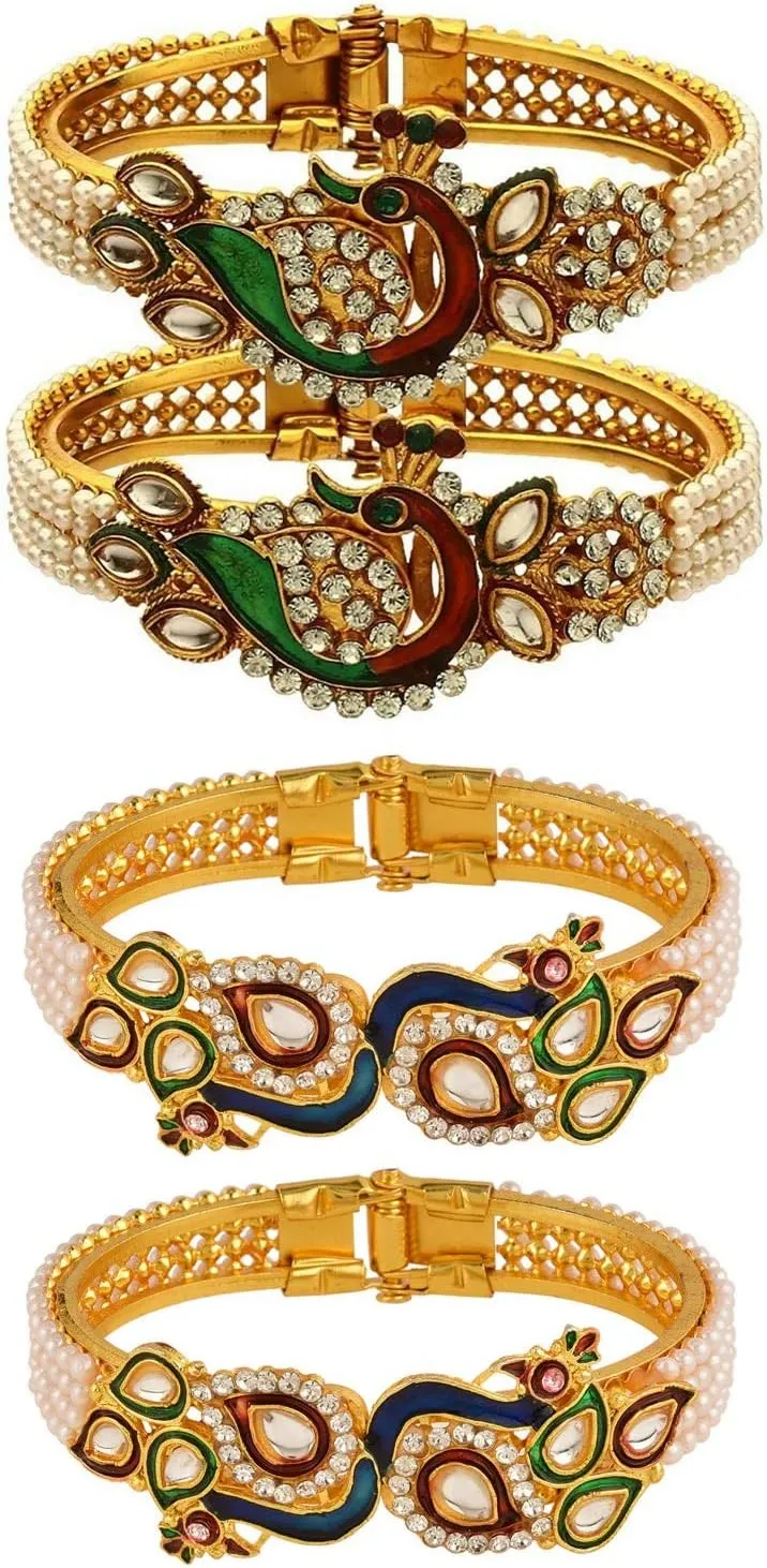 Efulgenz Fashion Jewelry Indian Bollywood Faux Pearl Kundan Rhinestone Peacock Bracelet Bangle (2 Pc) Multicolor