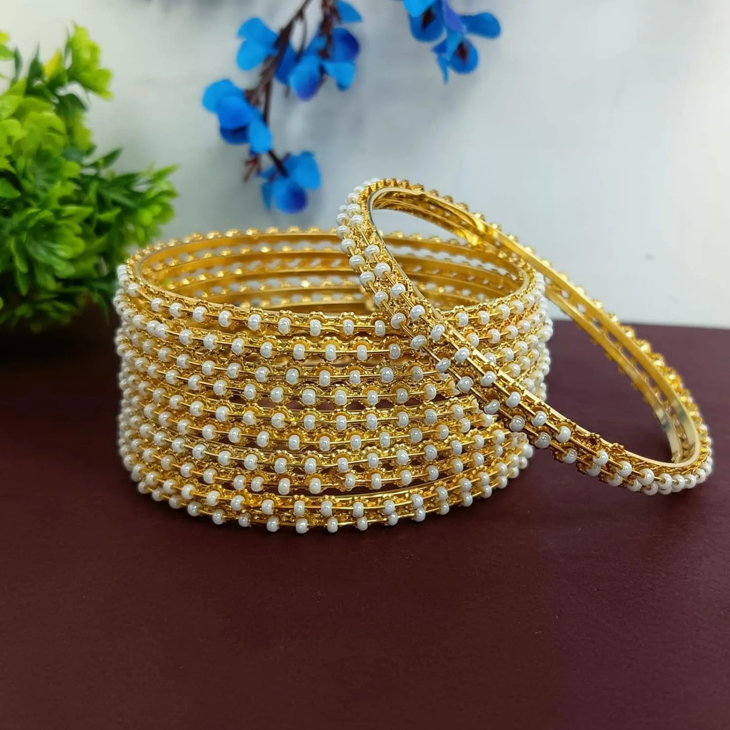 Efulgenz Indian Gold Bangles for Women - Faux Pearl Traditional Bracelet Set - Bollywood Jewelry