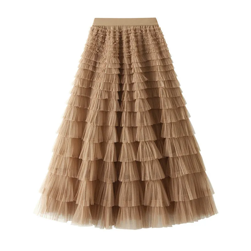 Elegant Tiered Mesh Midi Skirt