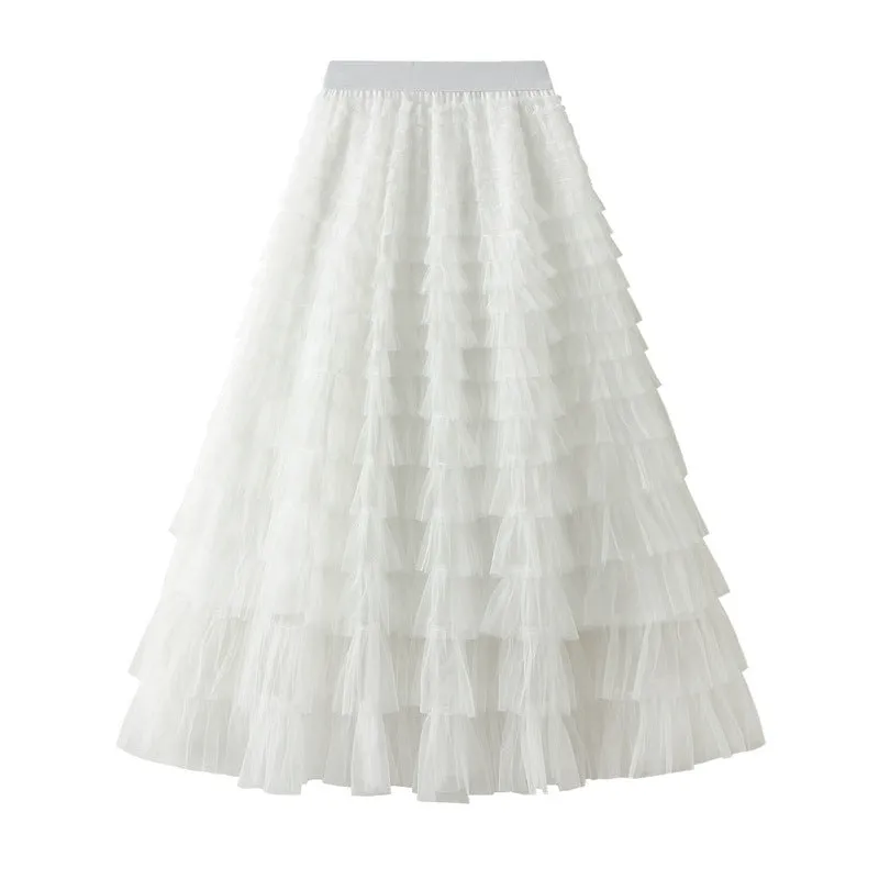 Elegant Tiered Mesh Midi Skirt
