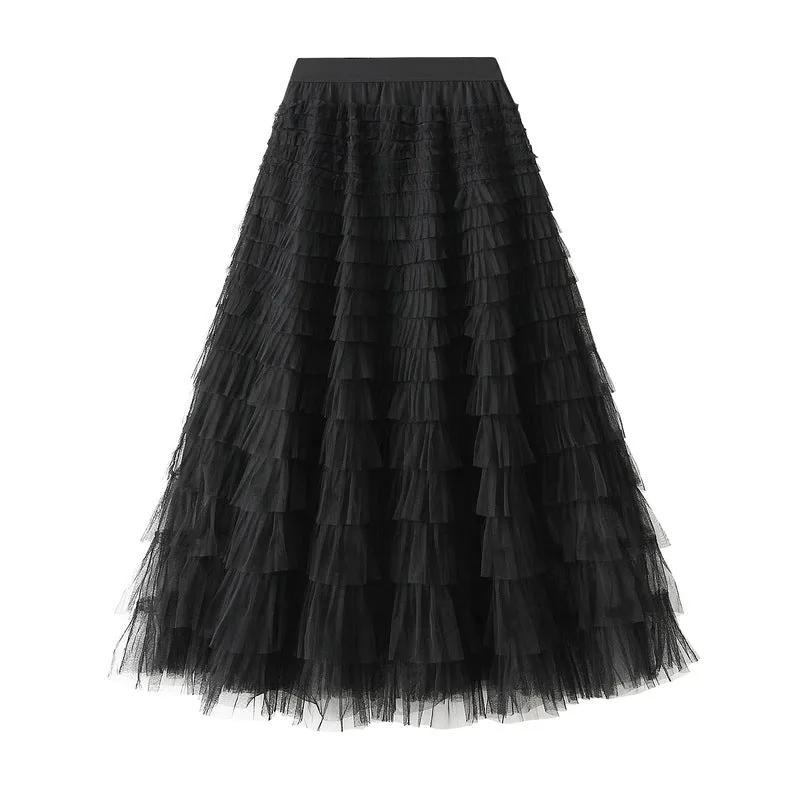 Elegant Tiered Mesh Midi Skirt