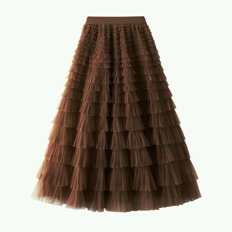 Elegant Tiered Mesh Midi Skirt