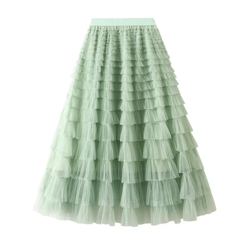 Elegant Tiered Mesh Midi Skirt