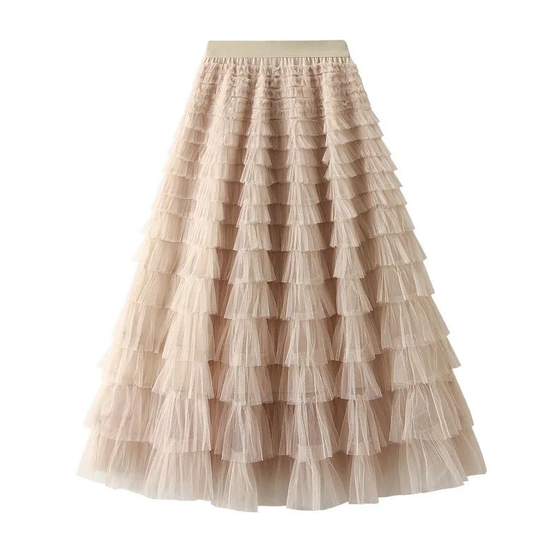 Elegant Tiered Mesh Midi Skirt