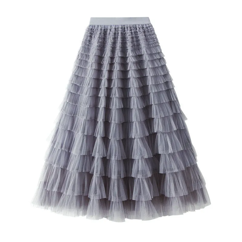 Elegant Tiered Mesh Midi Skirt