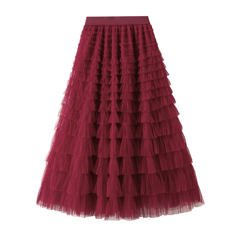 Elegant Tiered Mesh Midi Skirt