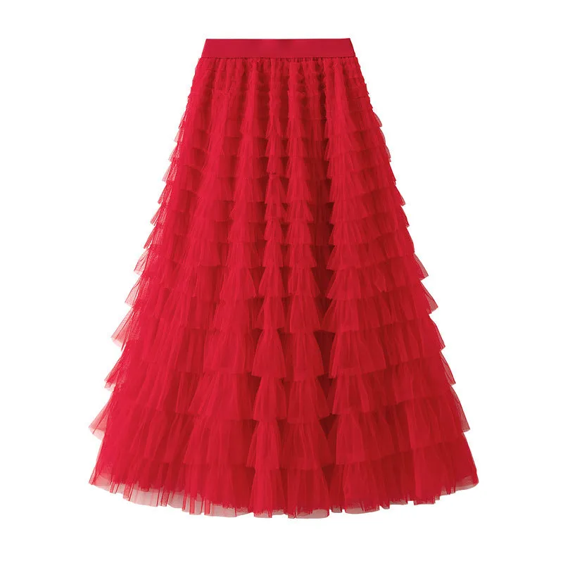 Elegant Tiered Mesh Midi Skirt