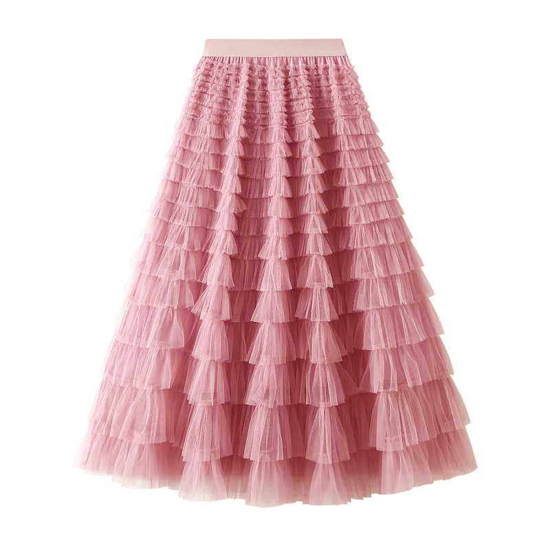 Elegant Tiered Mesh Midi Skirt