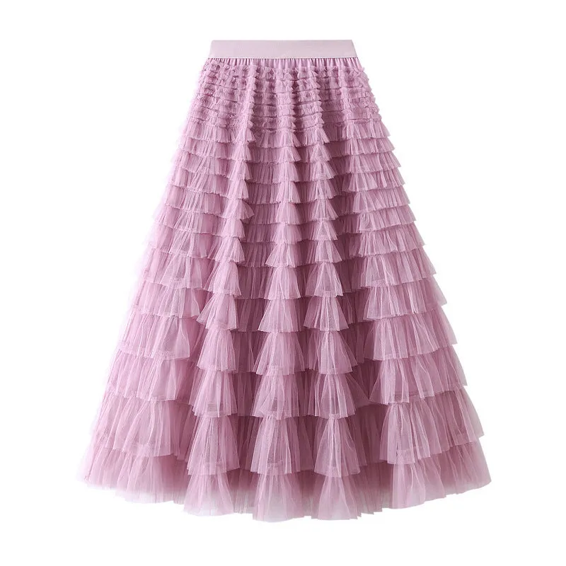 Elegant Tiered Mesh Midi Skirt
