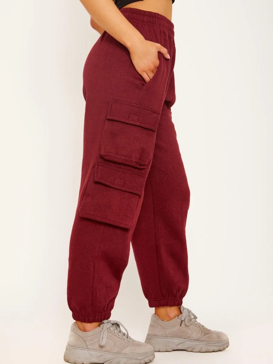 Elicia Utility Pocket Fleeced Cargo Jogger In Wine