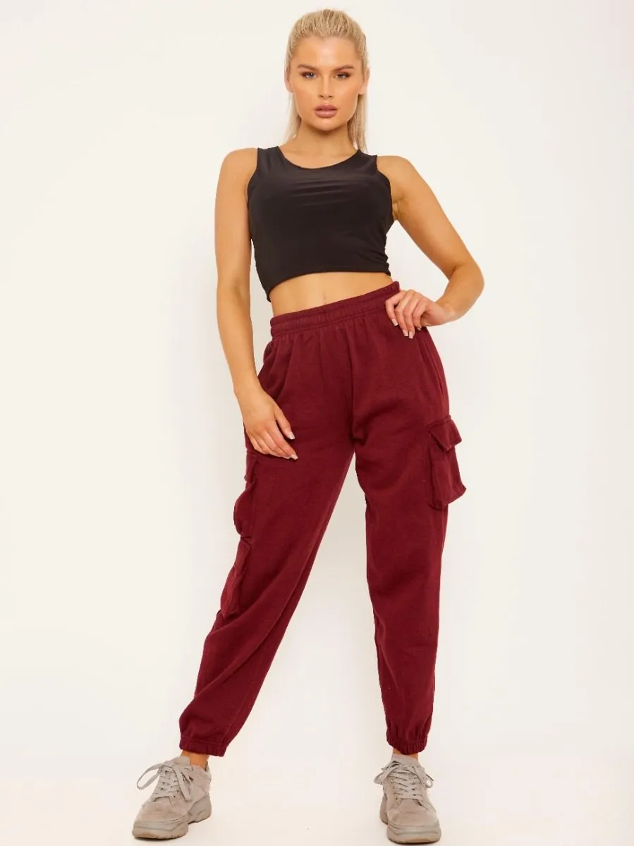 Elicia Utility Pocket Fleeced Cargo Jogger In Wine