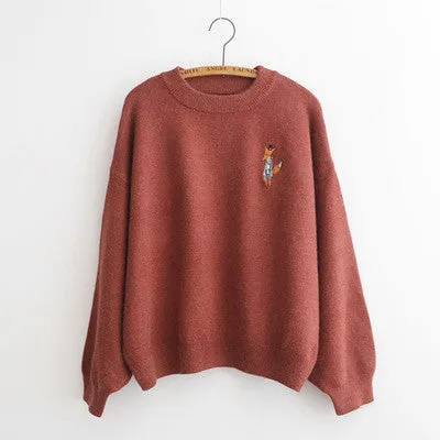 Embroidery Loose Puff Sleeve Sweater