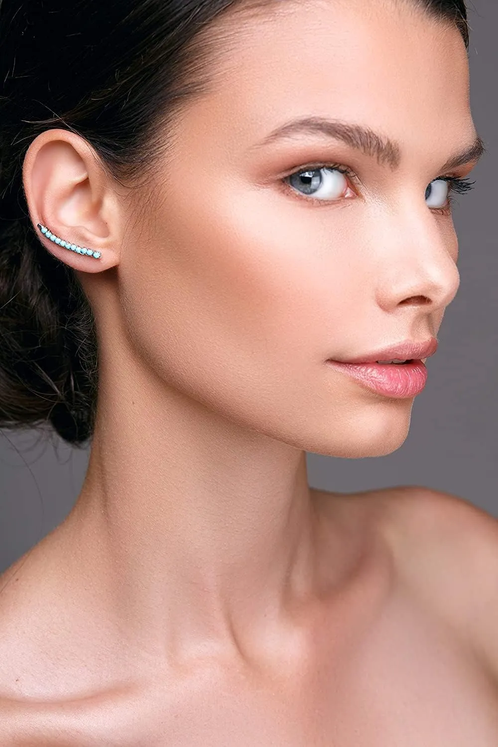 Emmanuela Ear Cuff Earrings Handmade of Sterling Silver with Turquoise stones Minimalist Ear Climber Earring Cuff Crawler Hypoallergenic Jewelry Statement Valentine's Day Gift for Her