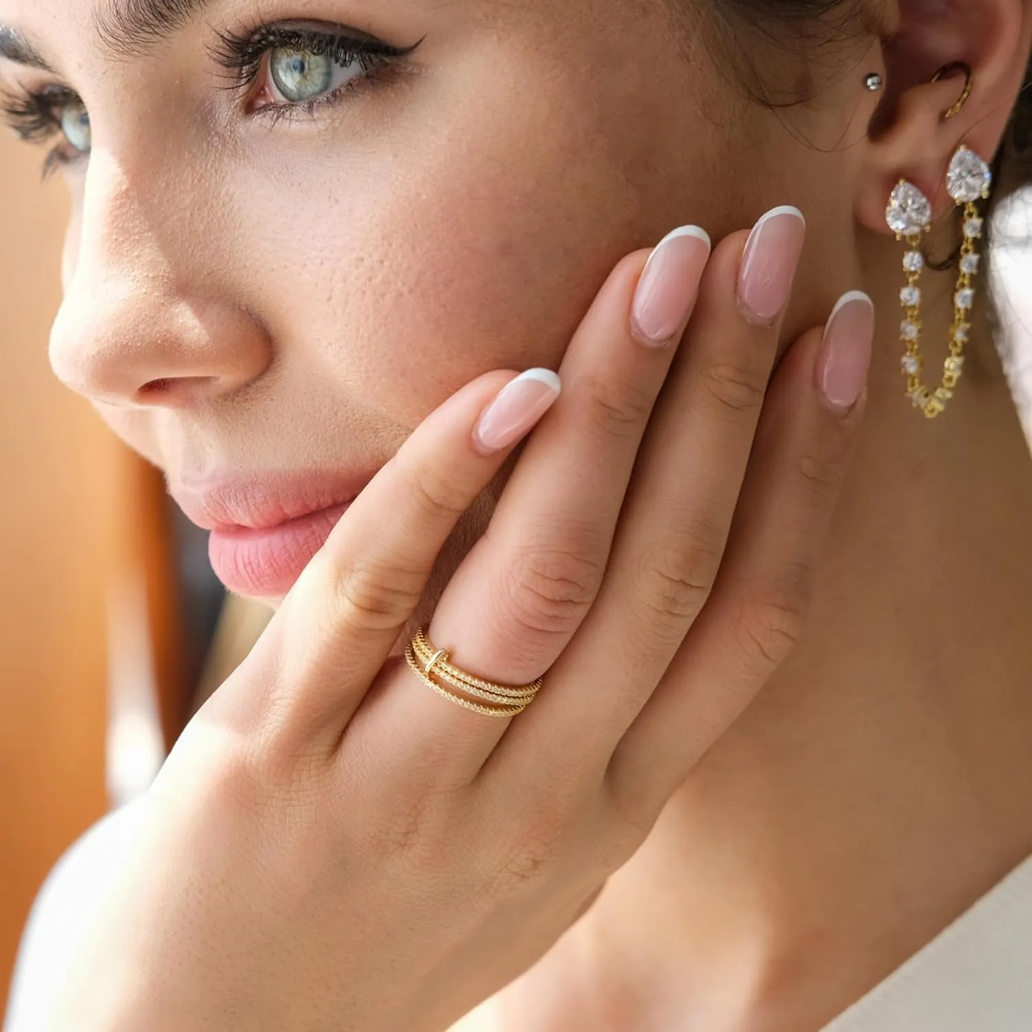 espere Thin Band Ring | Trio Band Rings Set Connected Stacker | Gold Linked Spinner Ring | Multi Link Connected Ring | Trinity Link Ring