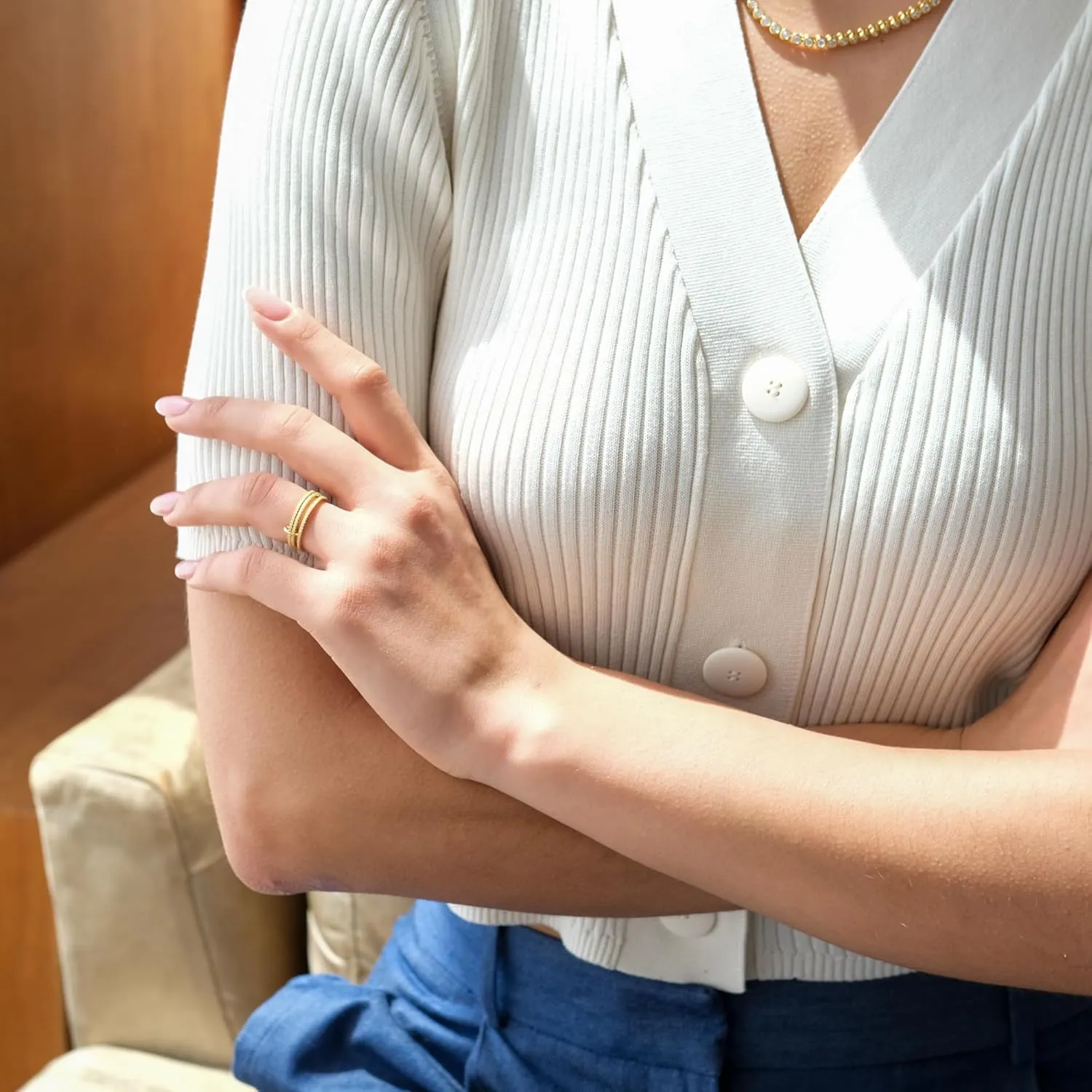 espere Thin Band Ring | Trio Band Rings Set Connected Stacker | Gold Linked Spinner Ring | Multi Link Connected Ring | Trinity Link Ring