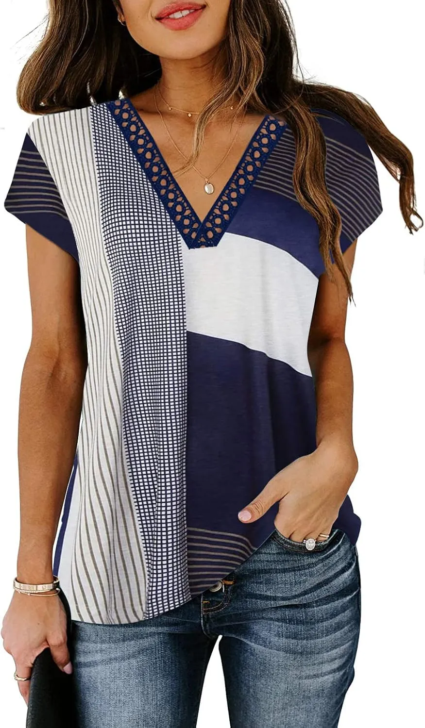 ETCYY Womens Summer Tank Tops 2025 Loose Fit Trendy Lace V Neck Solid Color Cap Sleeve T Shirts Blouses