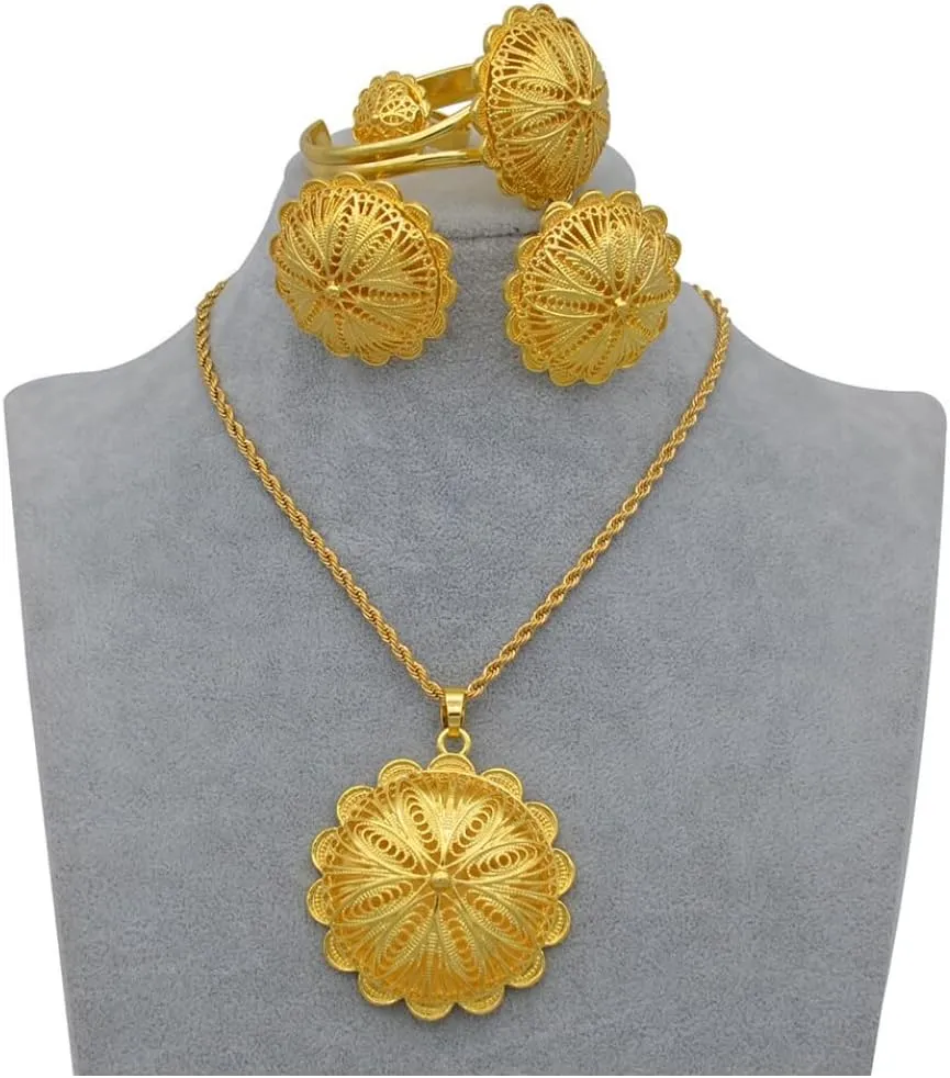 Ethiopian Jewelry Set - Traditional Ethiopian Jewelry for Women - Gold Pendant, Earrings, Ring, Bangles - Eritrean African Gifts