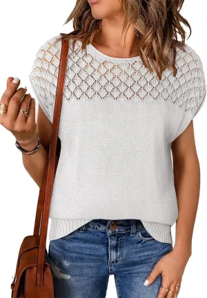 EVALESS Womens Fashion Short Sleeve Sweaters Crewneck Crochet Tops Summer Tie Back Shirts Knit T Shirts Sweater Tops