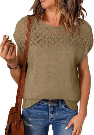 EVALESS Womens Fashion Short Sleeve Sweaters Crewneck Crochet Tops Summer Tie Back Shirts Knit T Shirts Sweater Tops