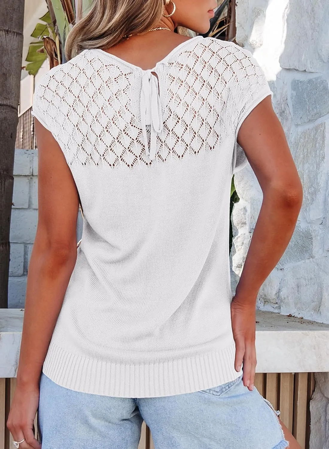 EVALESS Womens Fashion Short Sleeve Sweaters Crewneck Crochet Tops Summer Tie Back Shirts Knit T Shirts Sweater Tops