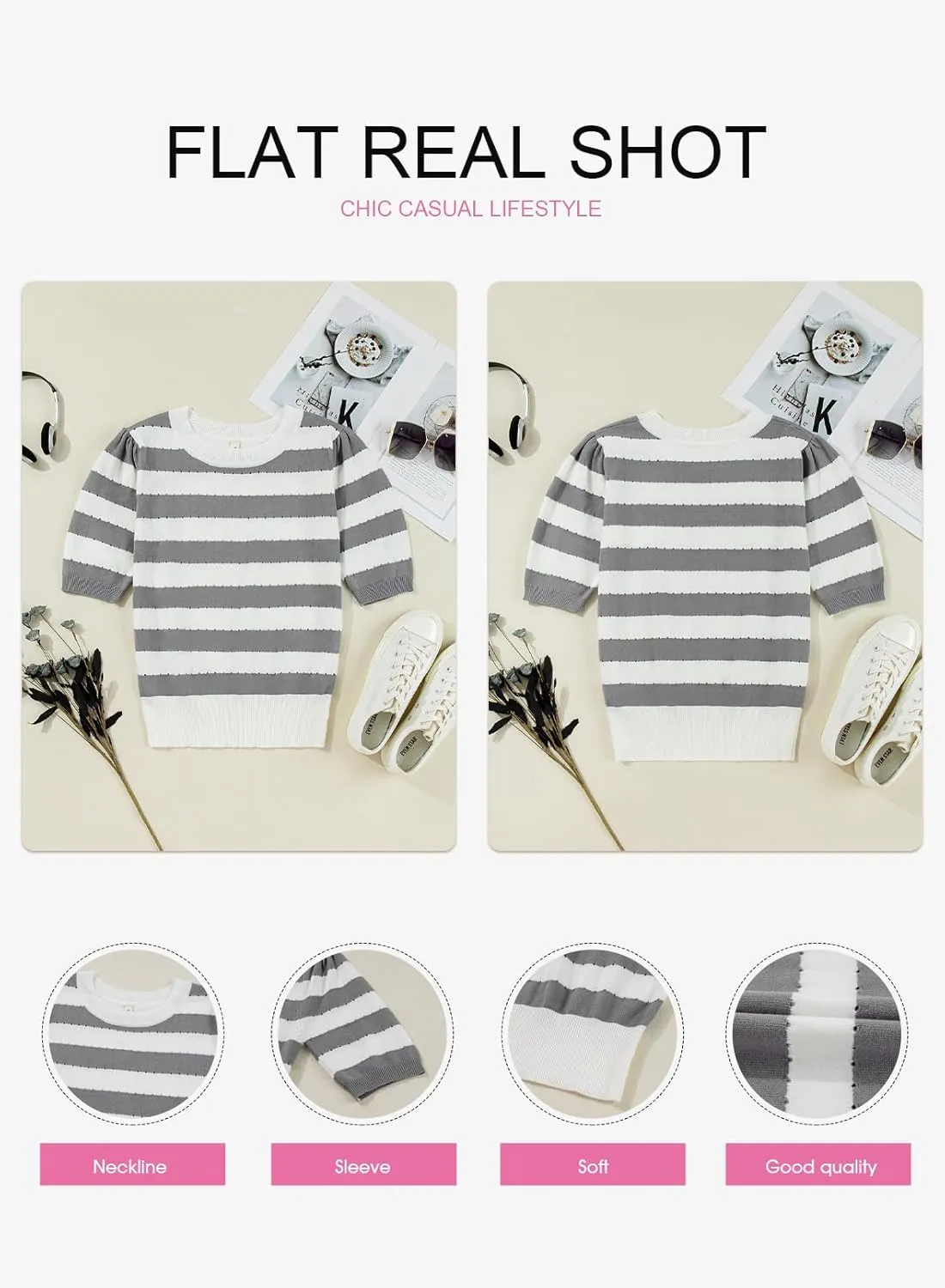 EVALESS Women's Short Sleeve Sweaters Tops Trendy Crewneck Striped Hollow Out Knit T Shirts Casual Summer Blouses