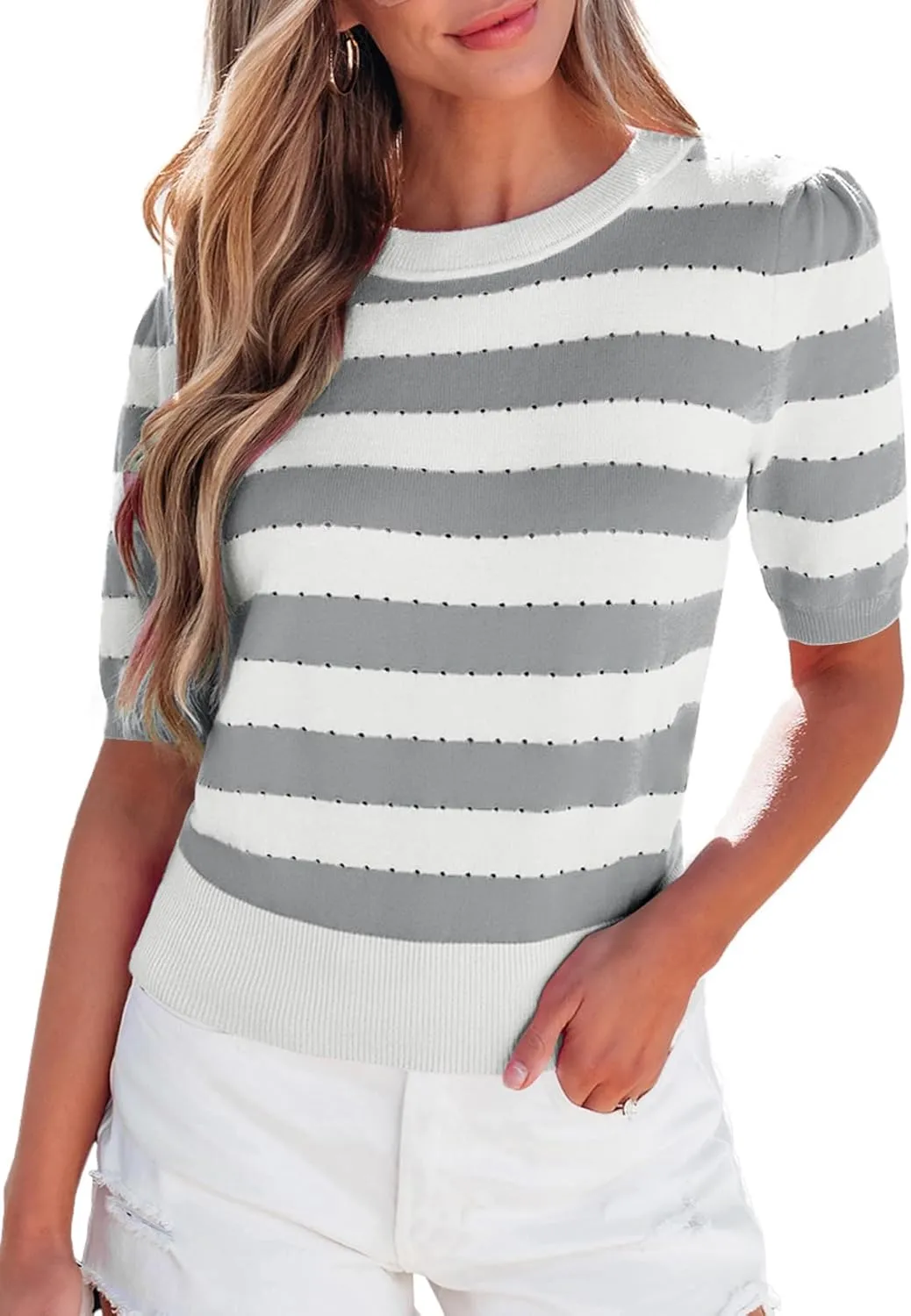 EVALESS Women's Short Sleeve Sweaters Tops Trendy Crewneck Striped Hollow Out Knit T Shirts Casual Summer Blouses