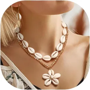 EVER FAITH Layer Puka Shell Collar Necklace Hook Earrings for Women Summer Natural Handmade Boho Hawaiian Beach Seashell Jewelry Surfer Beachy Stuff Accessories