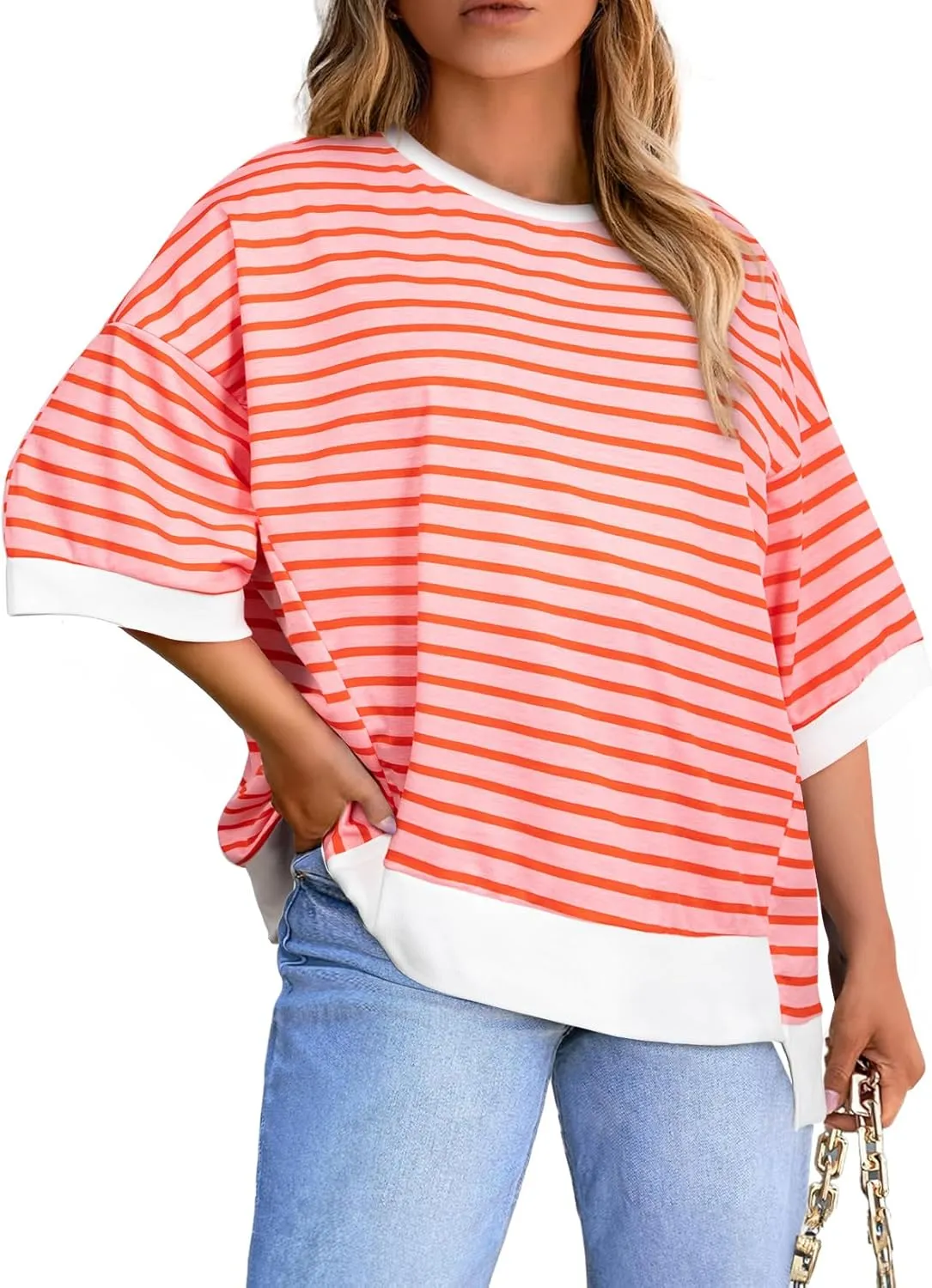 Eytino Womens Plus Size Tops Casual Short Sleeve Striped Color Block Shirts Crewneck Pullover T Shirts(1X-5X)