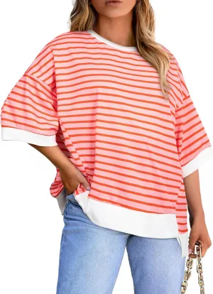 Eytino Womens Plus Size Tops Casual Short Sleeve Striped Color Block Shirts Crewneck Pullover T Shirts(1X-5X)